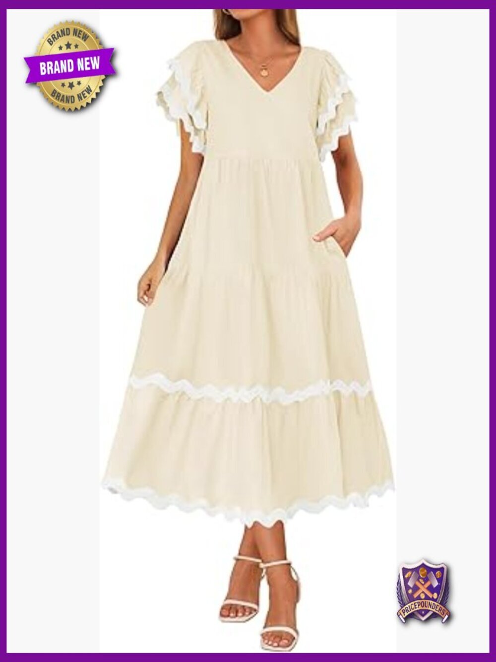 V Neck Flutter Sleeve Ruffle Tiered A Line Midi Dress Flowy